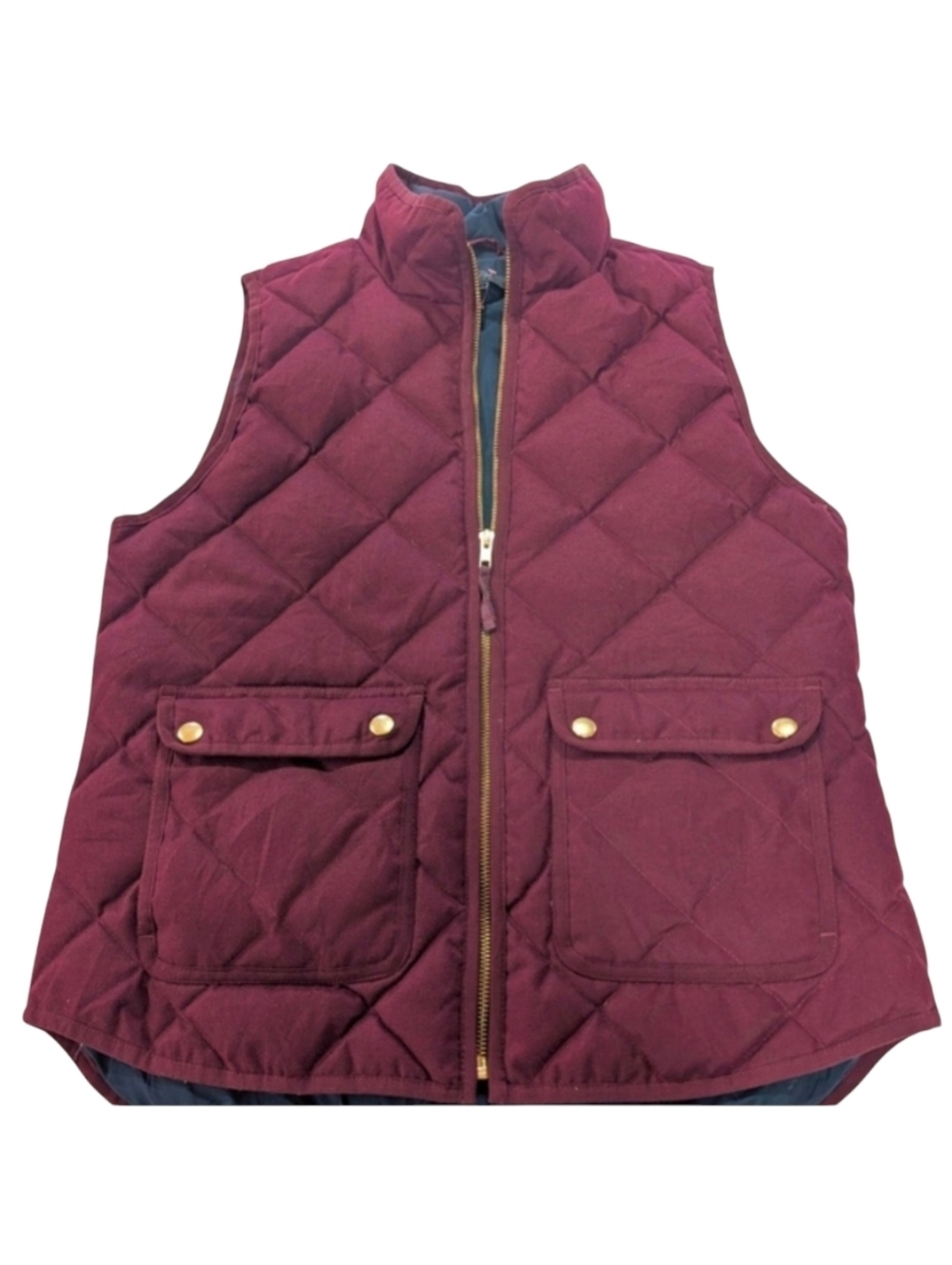J.Crew Quilted Puffer Vest Burgundy Large Down Fill Zip Snap Layering